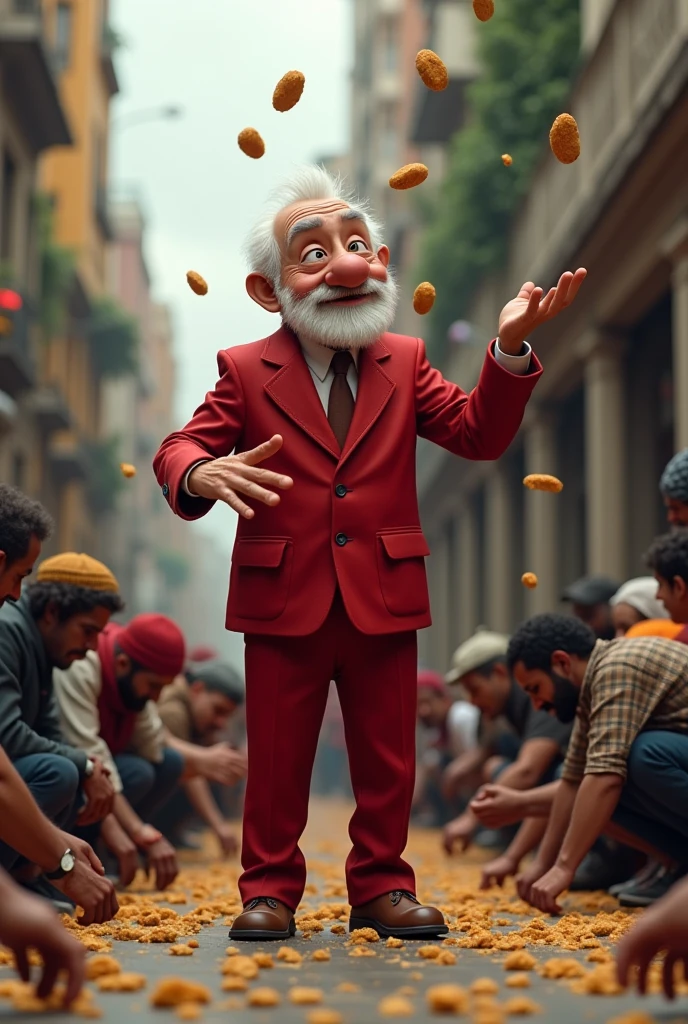 naughty man ,  height of 1.6 meters,older ,short white hair ,short white beard, red suit, smiling throwing bread crumbs on the floor,  poor hungry people crouching down picking up bread crumbs from the floor,  City of Sao Paulo, brazil.