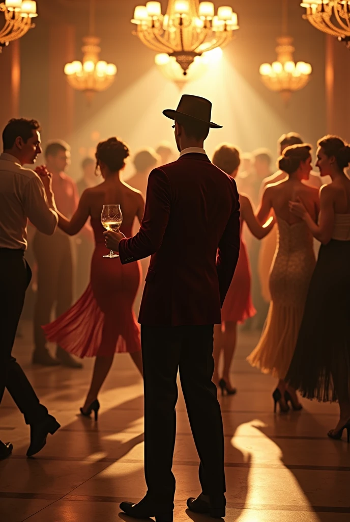 1920s people dancing in a Swingeasy and man in velvet suit is standing in front drinking 