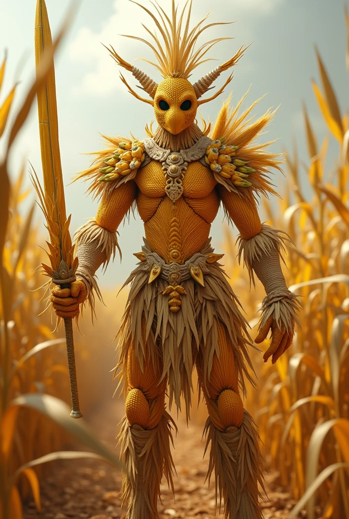 Make me an avatar image of a corn doll to compete in an avatar battler tournament where they fight corn against corn , puede tener weaponduras, swords, weapon, may be a legendary warrior