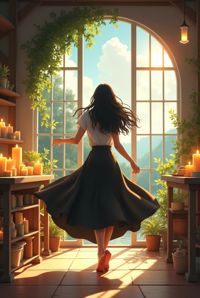 A house and green spaces, Big windows, Sun rays, a landscape, a black-haired woman with long wavy bangs, black dress creating candles in a candle workshop, magical, Free, dancing and happy