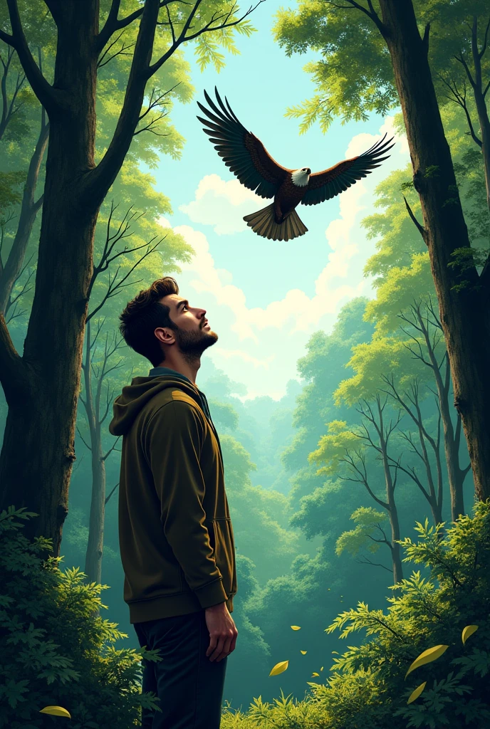 (illustration:1.2), man looking to sky and seeing an eagle and a forest in the bacground
