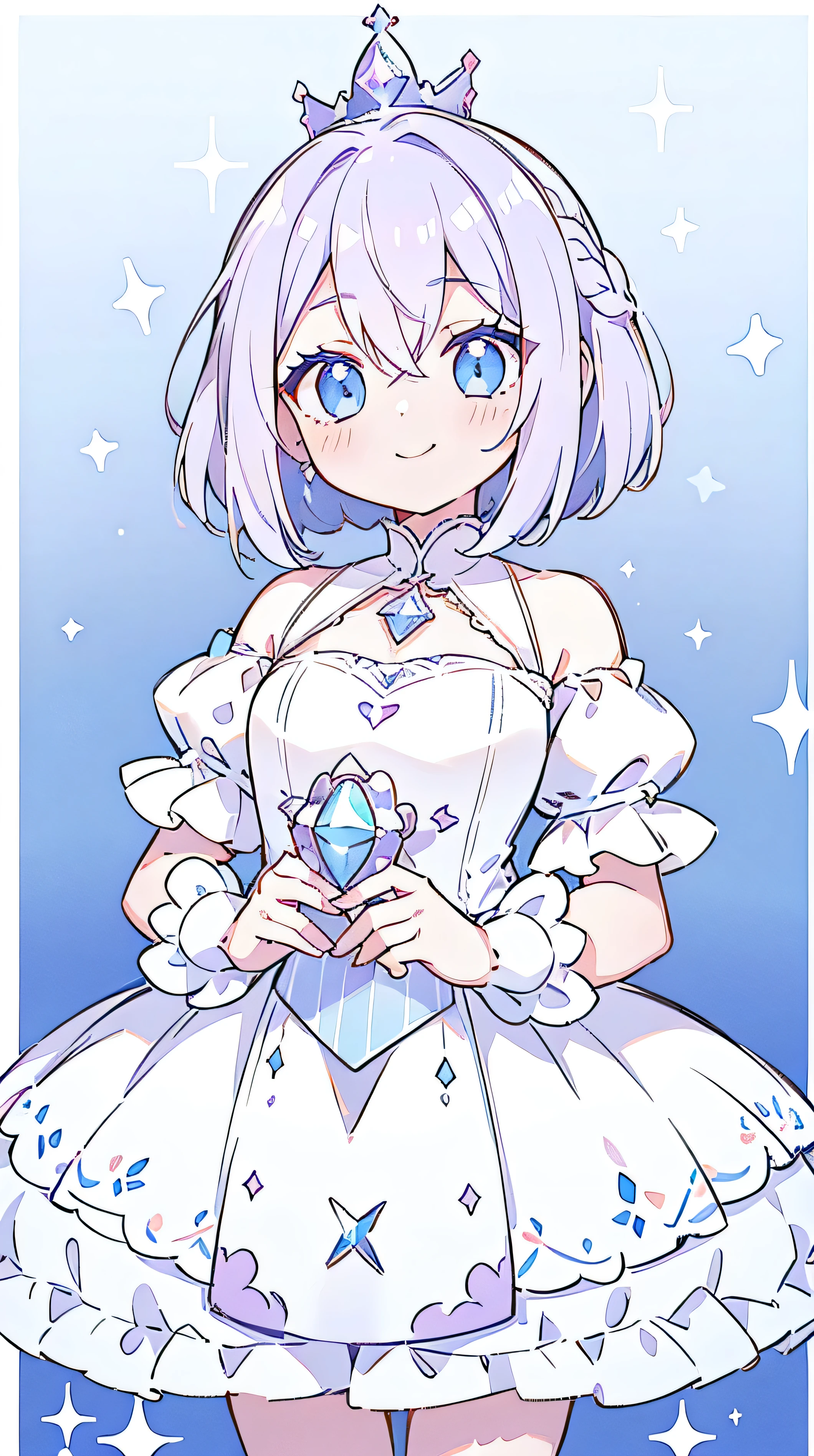 1girl, wearing a white ball gown, bob short purple hair, white diamond crown, hair between eyes, blush, smile, blue eyes, (pastel colors:1.3), best quality,4k,8k,detailed face, Cowboy Shot
