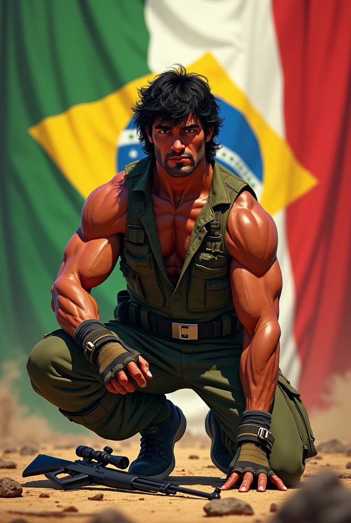 Make the character Rambo, with the image background in the colors of the Rio Grande do Sul flag (brazil) he kneeled and a gun on the floor. Make it in animation form 