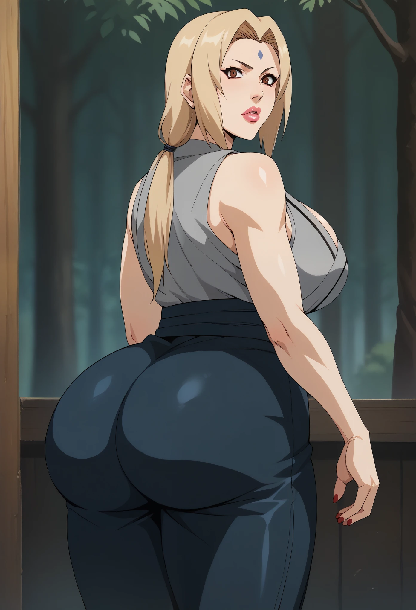 score_9, score_8_up, score_7_up, BREAK, score_9, ChopioTsunade, blonde hair, long hair, big lips, plump lips, low twintails, hair tie, brown eyes, forehead mark, pink lipstick, mature female, large breasts, red nails, outfit_2, grey kimono, sleeveless kimono, collarbone, blue obi, blue pants, solo, 1girl, looking at viewer, cowboy huge butt, shot, ass, big ass, big breasts, thick thighs, wide hips, from behind, forest