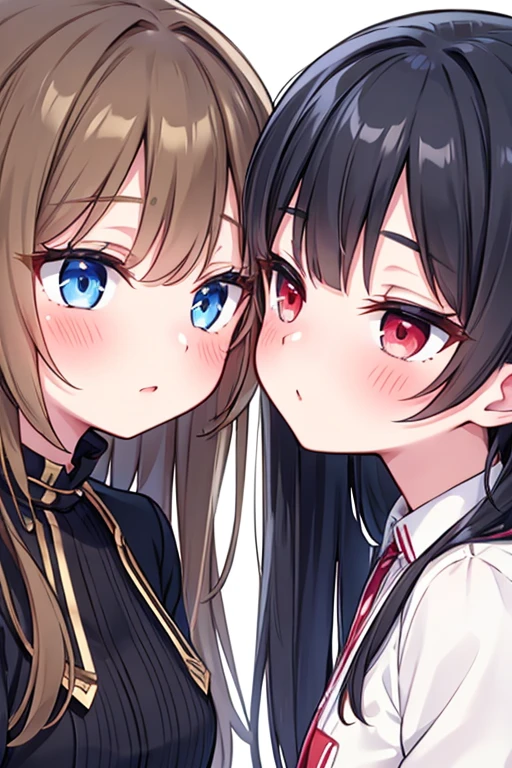 Two Girls, lily,kiss,Close-up,Long Hair, Blonde, Black Hair, Blushing, blue eyes, Red eyes, Blushing, Half-closed eyes, 