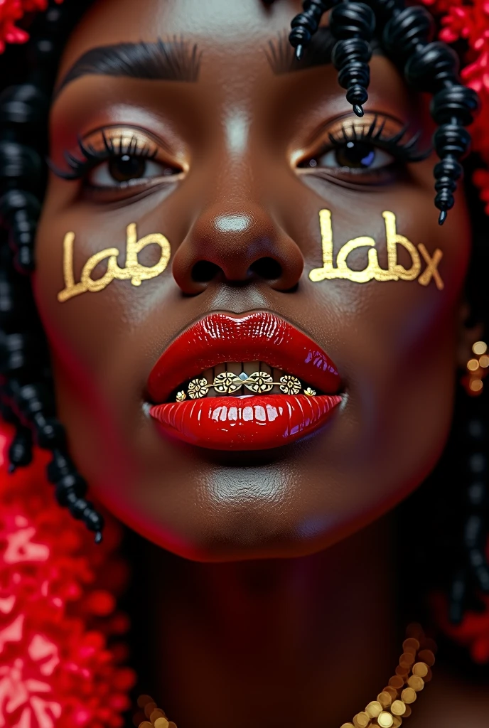 Woman's mouth with red lipstick, dark skin and gold grillz on her teeth, written " lab delaxx"