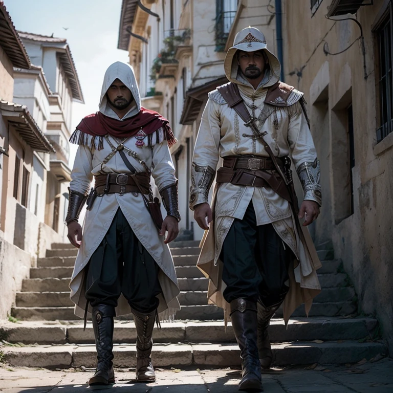 solo, Pancho Villa with a mustache wearing a 19th century Mexican military outfit, long_sleeves, full_body, weapon, male_focus, boots, outdoors, day, belt, sword, pants, hood, cape, black_footwear, sash, bird, shaded_face, building, sheath, hood_up, sheathed, stairs, vambraces, weapon_on_back
