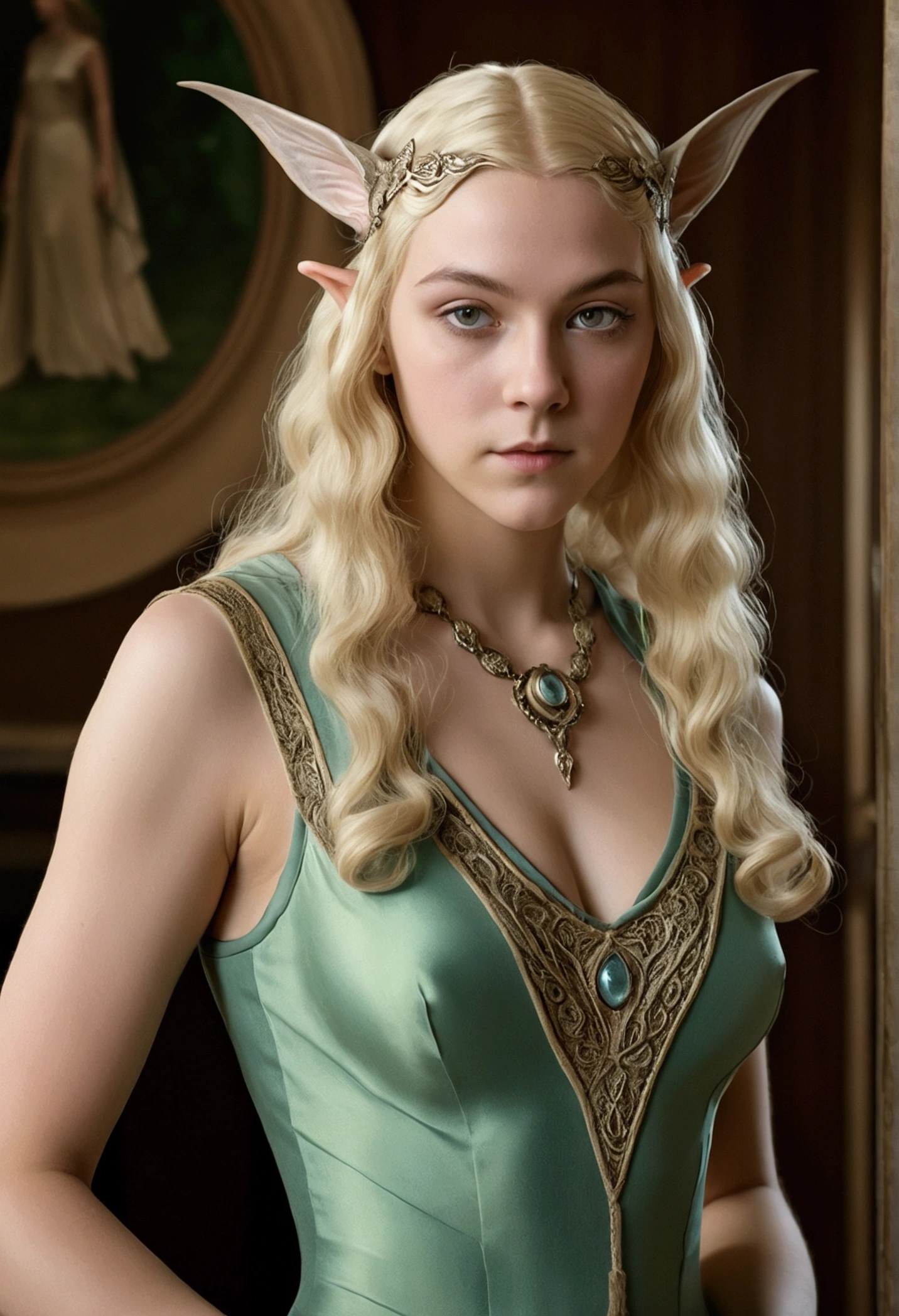 1920s analog film photograph, colorized photo of an elven maiden, 18-years-old, amazonian stature, thick-fit hourglass figure, busty , toned, athletic, wearing a Sleeveless silk gown, warm almond complexion, pointy elf ears, platinum blonde hair, wild voluminous curls, resembles Margaery Tyrell, standing in a manor drawing room, RAW Photograph, dslr, soft lighting, high quality, film grain, Fujifilm XT3, detailed skin with visible pores, insane details, masterpiece, 8k, 35mm photograph, faded film, desaturated, grainy, vintage, Lomography, stained, highly detailed, found footage, long elven ears