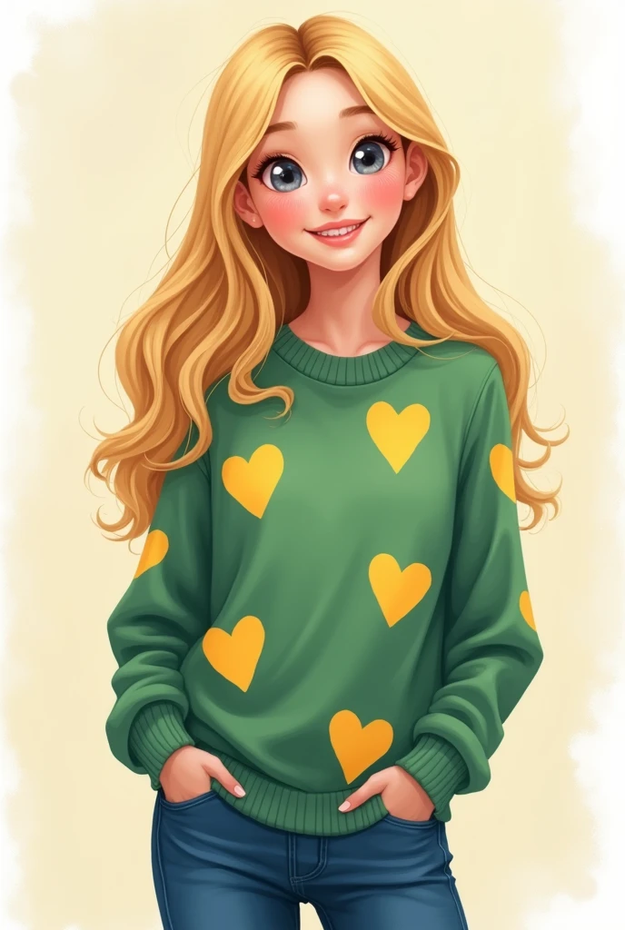 Girl with long strong blonde hair, grey eyes, blushing cheeks 2D Image With green sweater with yellow hearts Tight blue pants