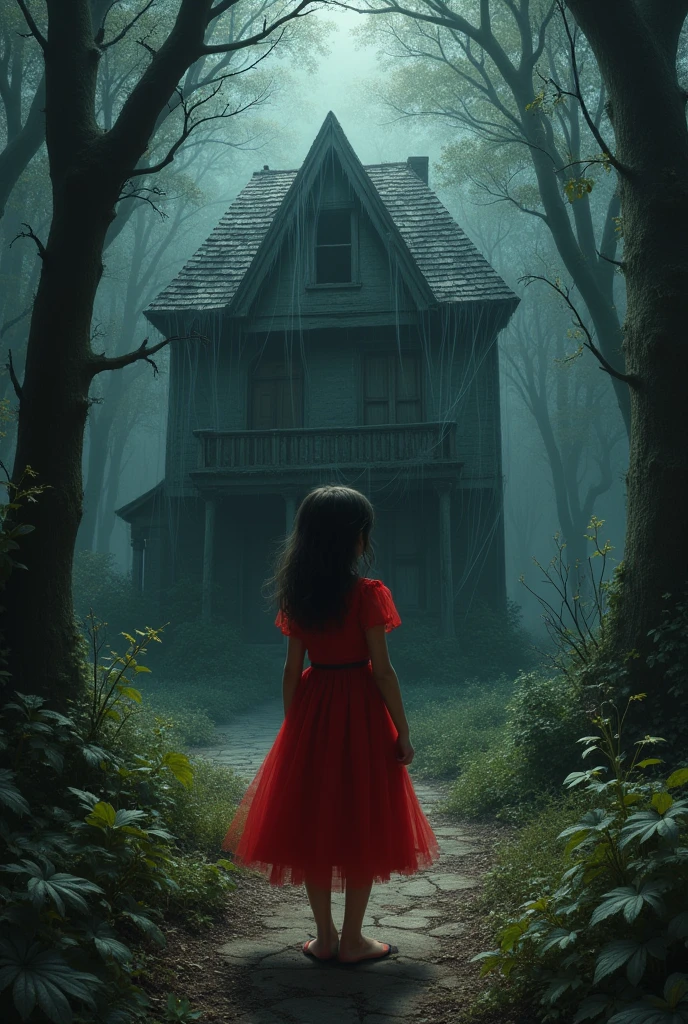 Girl in a red dress in a forest, in a witch&#39;s house full of cobwebs and despairs.