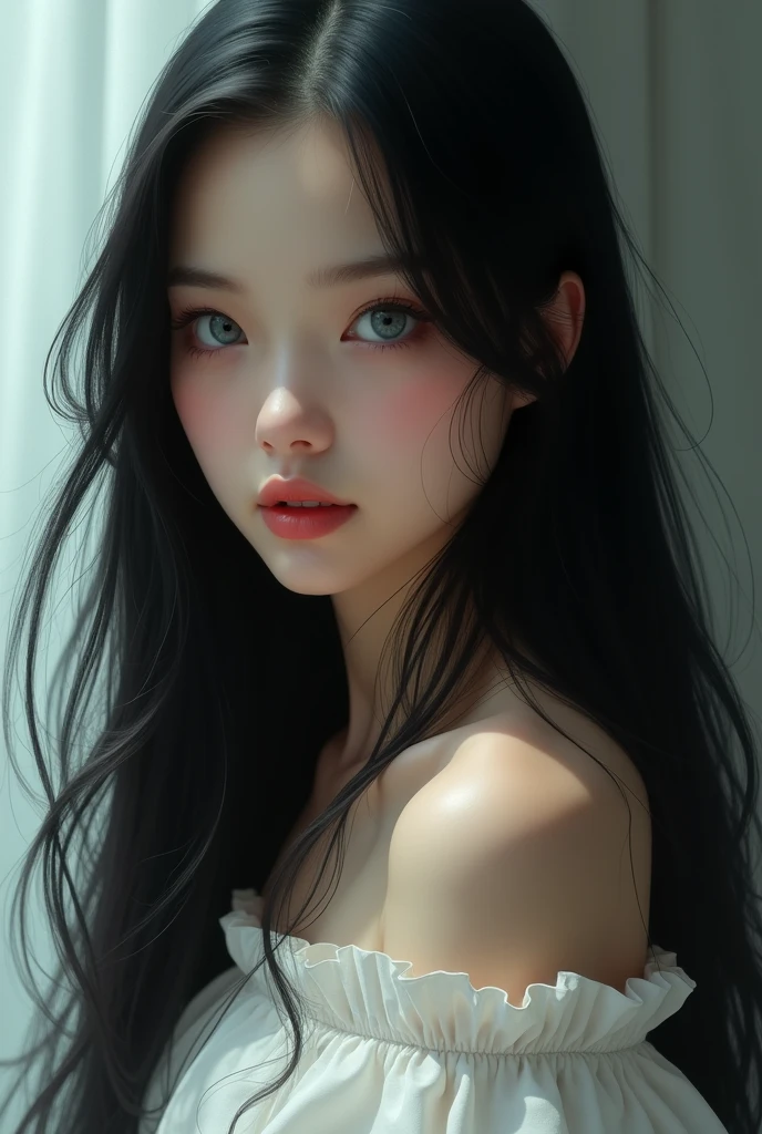 1 young girl, with long black hair, blue eyes, with a girl's face and white skin, hourglass body