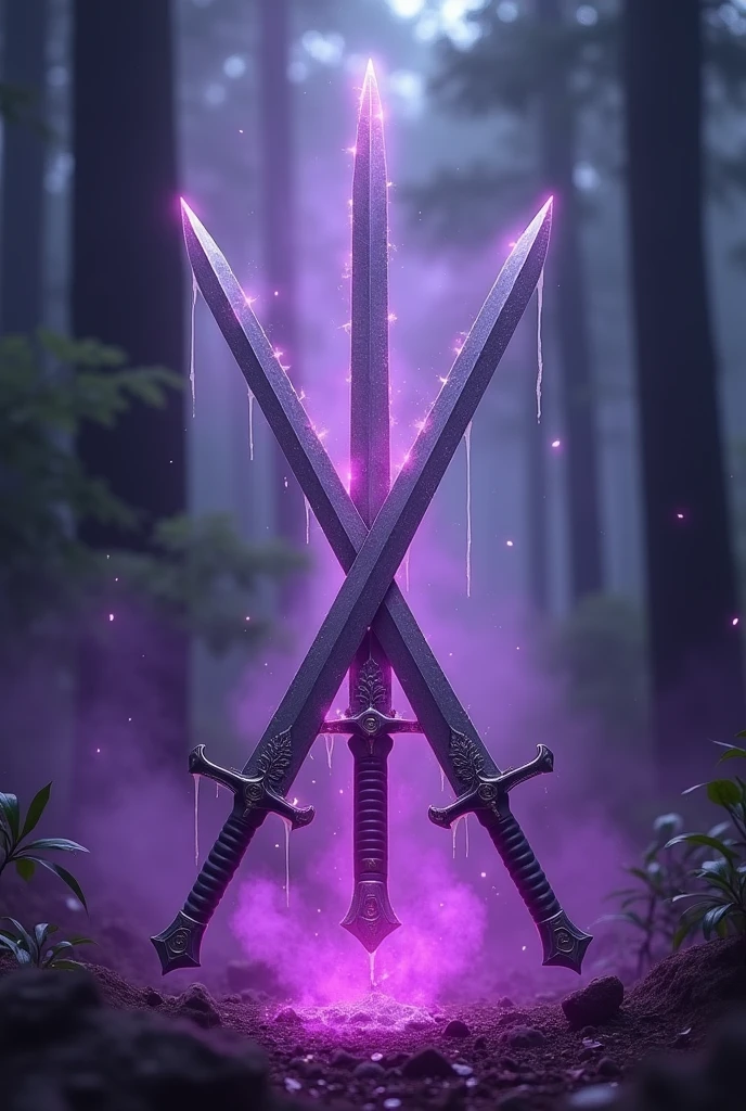 Please generate a poster sized Instagram post. It must have a dual sword in the middle... blood dripping from it. The rest of the poster must be covered with purple magic, like purple dust and make it bright. The background must be a forest but less bright. Write the title: "The Fated Forest"