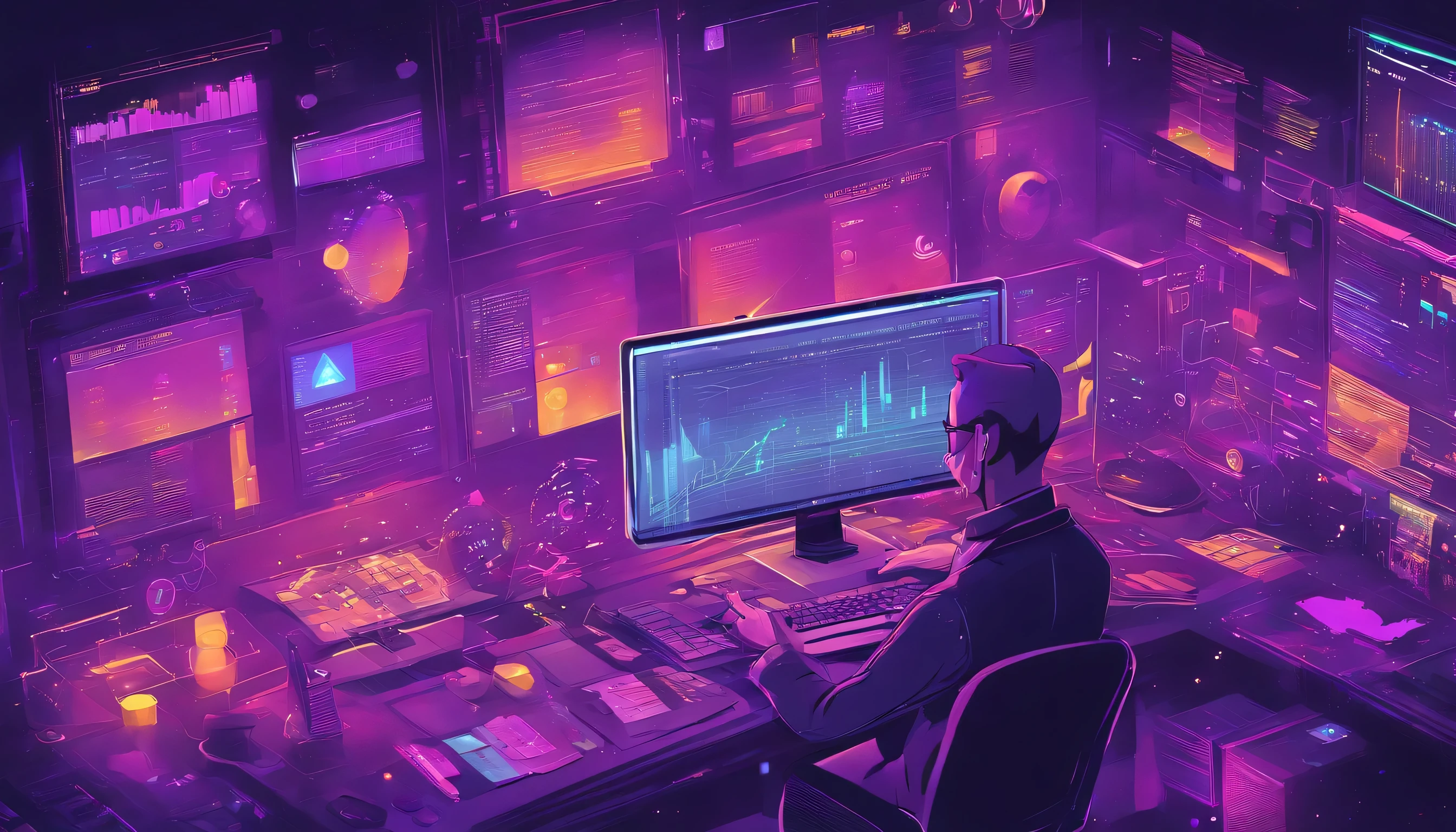 manager manipulating the panel with various buttons and knobs, surrounded by a violet glow, gradient fill , vector, Money icons , people. mesh network in the background. dramatic lighting , Wide field of view. dark mode, brightness of icons, edge lighting with bloom