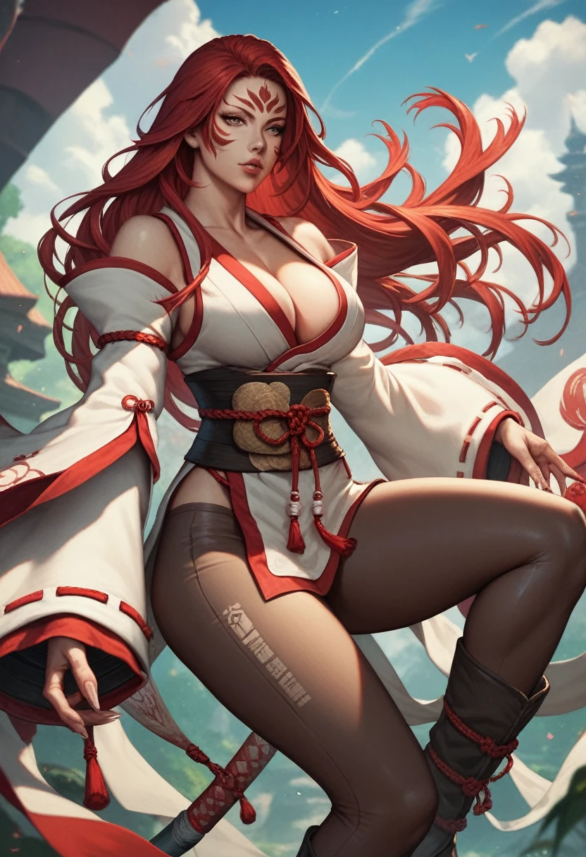 1girl, red hair, shoulder-length, detailed face, detailed eyes, detailed lips, japanese, large cleavage, brown costume, samurai shoulder armors, white sleeves, baggy sleeves, ultra long fingernails, leggings, boots