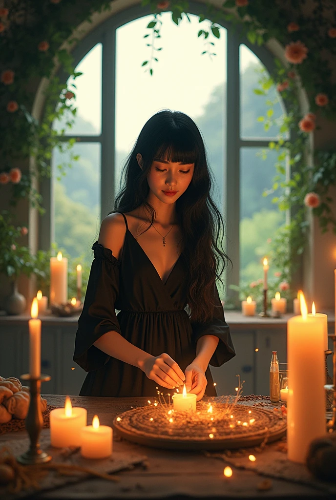 A house and green spaces, Big windows, Sun rays, a landscape, a black-haired woman with bangs, very long wavy hair, black dress creating candles in a candle workshop, magical, Free, dancing and happy 