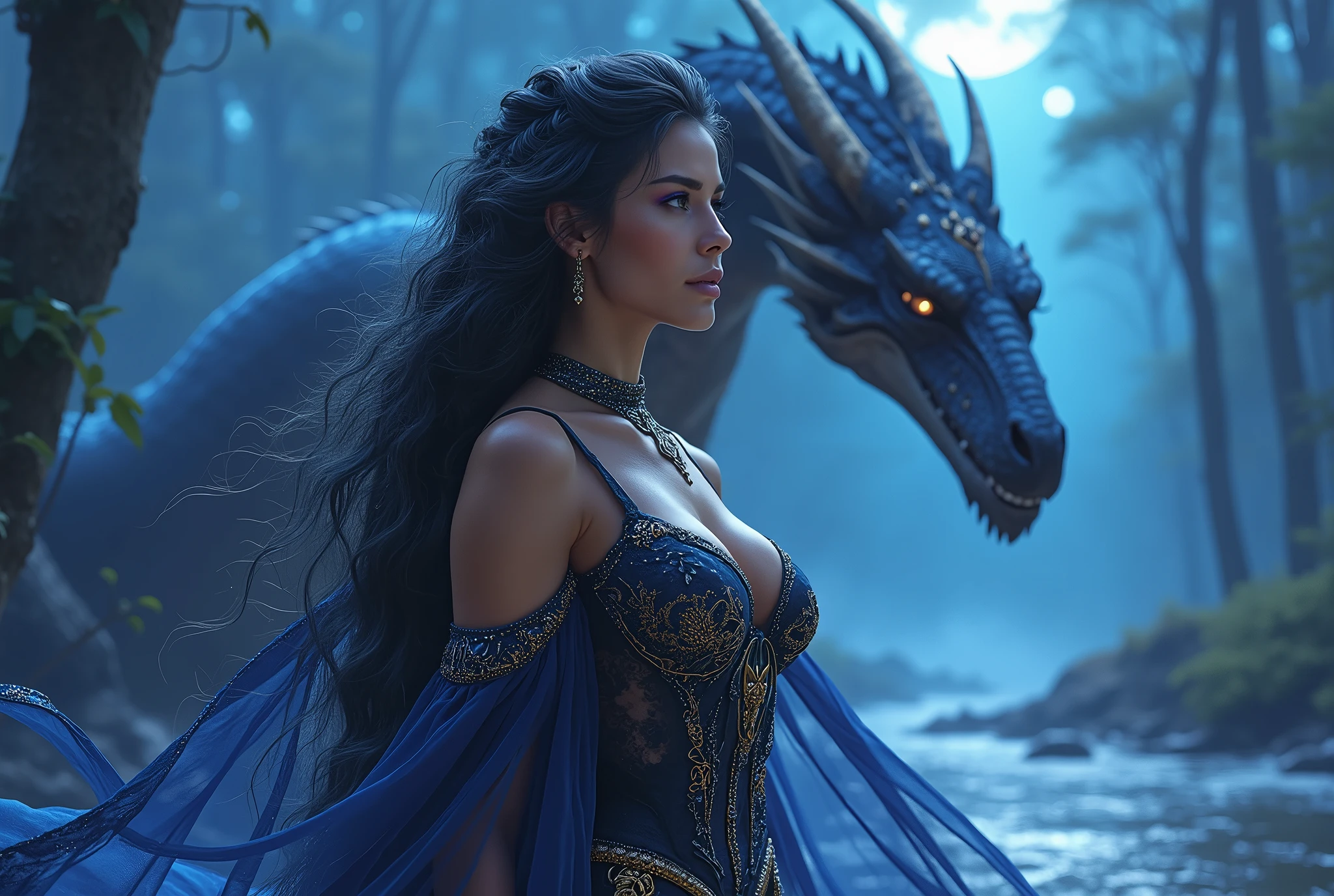 (masterpiece:2.0), (best quality:2.0), (8k ultra hd:2.0), (cinematic lighting:2.0), (Divine Sorceress and Nordic Warrior:2.0), Medium brown skinned woman with strong and delicate facial features, (long wavy black hair:2.0), Bright purple eyes that emit a magical and seductive aura, slim and curvy figure, (voluptuous and perfectly sculpted body:2.0), (big bust, firm and well proportioned:2.0), (pronounced and harmonious hips, accentuated by her elegant and provocative posture:2.0), (smooth and luminous skin), (ethereal and translucent black clothing, floating around your body:2.0), Bare abdomen, (tight clothes, highlighting every curve with overflowing sensuality:2.0), (Deep and elegant neckline:2.0), (long legs, toned and sculpted:2.0), (Magical jewels that shine with the energy of the storm:2.0), (penetrating and seductive look, full of hypnotic power:2.0), (Nordic warrior of passion:2.0), (long blonde braided hair:2.0), Bright blue eyes radiating divine power, athletic but curvy figure, (large, voluminous and perfectly firm bust:2.0), (Harmonious hips and toned legs:2.0), (black and translucent ethereal clothing with gold details:2.0), defined abdomen, (Twilight sky with blue twin moons:2.0), (Luminous forests and crystal-clear rivers:2.0), (Nordic dragon with scales shining like the night sky:2.0), (Magic and cinematic details throughout the stage:2.0).

