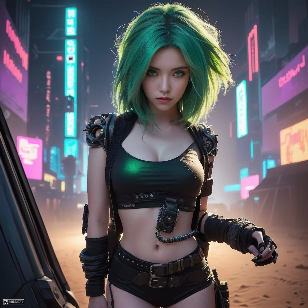 A woman with green hair and a black top is standing in the desert, digital Cyberpunk art, Cyberpunk Girl, Cyberpunk Art, extremely detailed ArtJam, デジタルCyberpunk art, Lostland Style, Lostrun 8k, female Cyberpunk Girl, ig model | ArtJam, Cyberpunk art, style ArtJam, Cyberpunk Girl