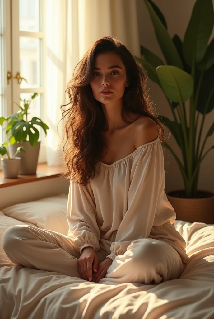 (photorealism:1.2), beautiful woman, sitting on bed, wearing loose off-shoulder top, pajama pants, long curly hair, indoors, soft lighting, plants in background, window with sunlight, cozy room, relaxed pose, realistic, intricate details, warm colors, by Greg Rutkowski, by Alphonse Mucha