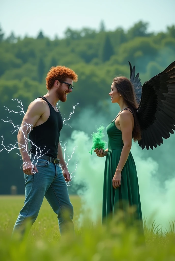 (raw photo, best quality) , (realistic, photo-realistic: 1.4), extremely formidable general plan, masterpiece, ultra-detailed, high resolution, best illustration, best shadow, complex, depth of field, grand plan, 20 year old (photorealistic style), red wavy hair, white and shiny eyes (bright white eyes), rectangular glasses, black tank top and blue jeans, white electric lightning on his arms and hands, he has electric flashes on his fists (detailed fist), he is in a fighting position, he clenches his teeth, his face shows an angry expression, he has a human appearance and he does not have wings, he is in a wide green plain, beside him stands a beautiful woman, she has large horns on her head, the woman has two black eagle wings, she wears a green dress and she is barefoot, in the hands of the woman there is green smoke, she has a dignified and authoritative expression, she is preparing to fight, the two characters are side by side and look ahead of them, behind the two characters there is a green forest, photorealistic style 8k, DSLR, high quality, (film grain: 1.4), Fujifilm XT3,