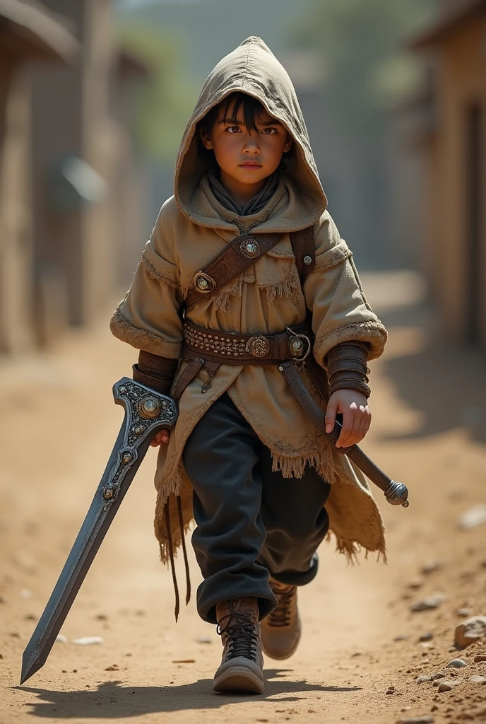 A man who appears to be 2, wearing a tattered tunic at the ends, with a burnt appearance at the ends, but no scratches on the other parts. He carries a longsword, The sword looked expensive, very expensive. Her handle was made of wood, appears to be made of common wood.
The pommel of the sword being made of iron, the sword's handguard is straight and has a light purple coloration, made with some strange material. The scabbard of the sword coated with some shiny stones on the tip of the scabbard, near the sword's hand guard and in the middle of the scabbard, elas brilham levemente e parecem ser very expensives, the rest of the sheath is made of leather. This man's pants are apparently expensive pants, black too, similar to dress pants. He walks the dirt road easily, your tunic with a little sand, His eyes are slightly visible due to their red glow under the hood of his tunic..