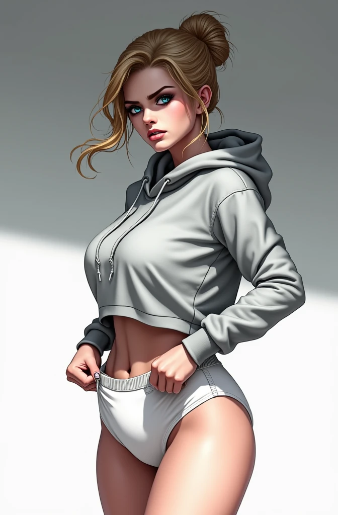 (masterpiece, best quality)), ((((perfect anatomy)))), Caucasian woman with tied blonde hair-bun, dark eye-shadow, downward curved nose, vibrant blue eyes, grey hoodie, tugging at (((white high cut cotton panties))), big hips, angry expression, walking around soldier barracks, (((realistic art style)))
