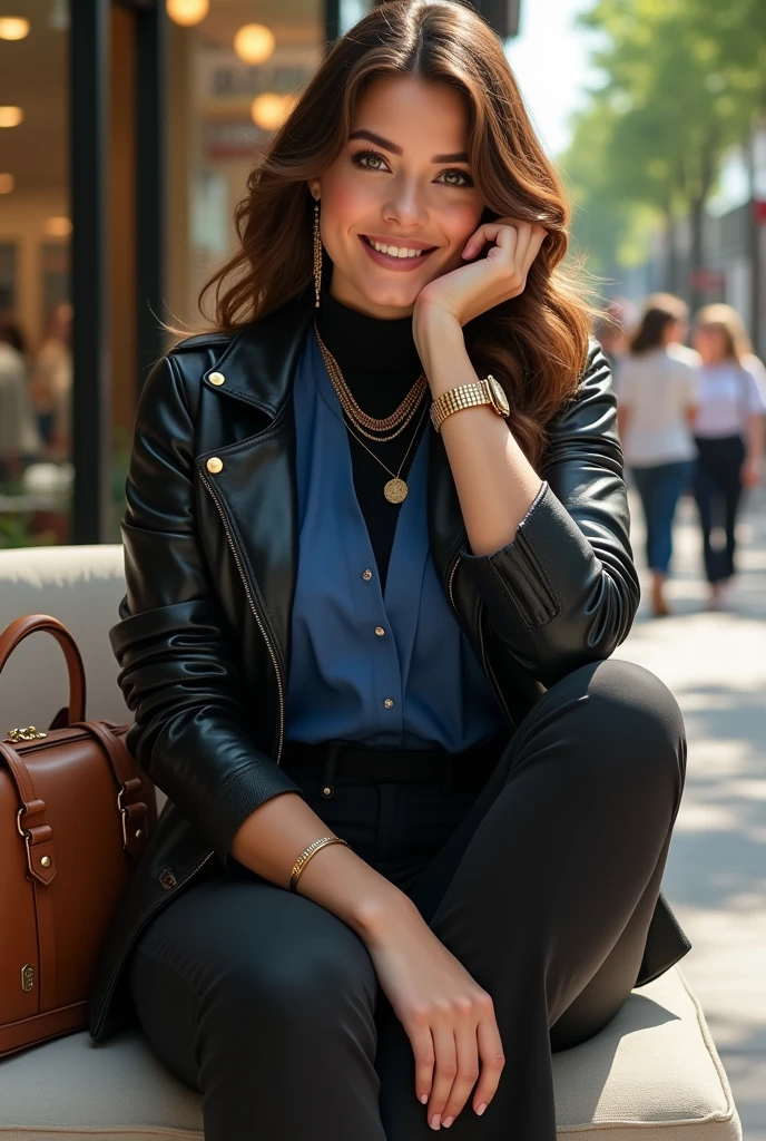 Full body beautiful white curvy pear body shape british woman, 5'10" tall, medium brown hair, deep green eyes, wearing zip up black collared bomber leather jacket with golden buttons, black bell bottom pants, rolled up sleeves, zipping up jacket, up collar, cleavage, up collar open blue formal blouse, black turttleneck collar shirt under blouse, happy smile, sitting on sofa on shopping center, high hill sandals, summer sunny day, bag, braces, watch and bracelet, neck chain, ear rings, crossing legs, hand under chin