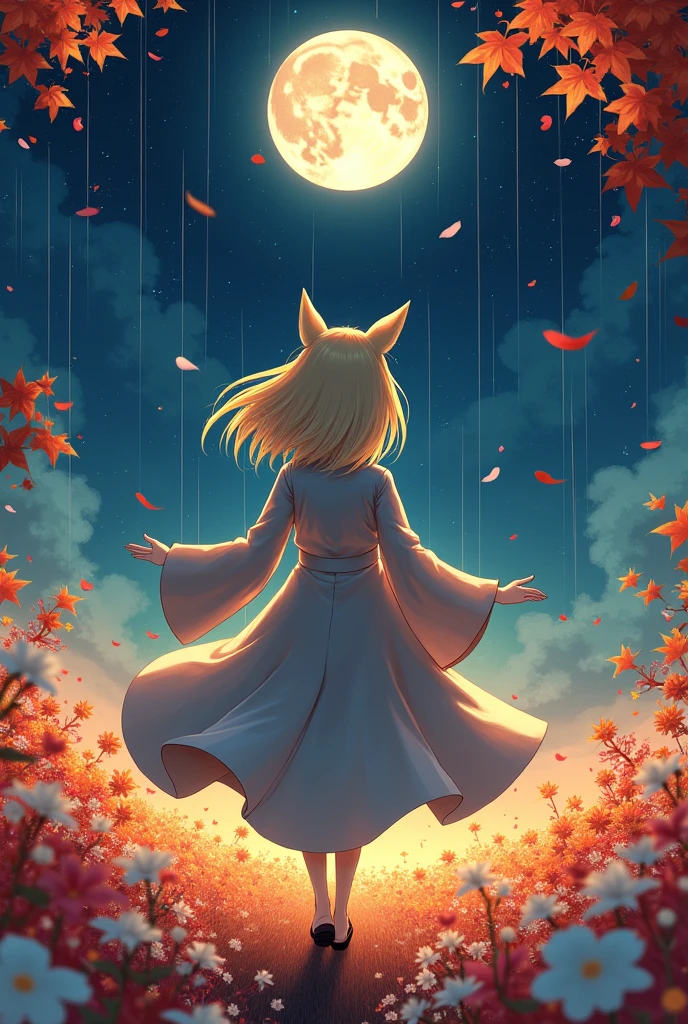 １people々々々々々々々々々々々,Woman with medium length blonde hair，Fox Ears，Long coat，Takageta， Dress Silhouette， Rear View，Space Sky, Full moon background，Flower Field，Colorful flowers，Dancing Petals，autumn，autumn leaves，rain，