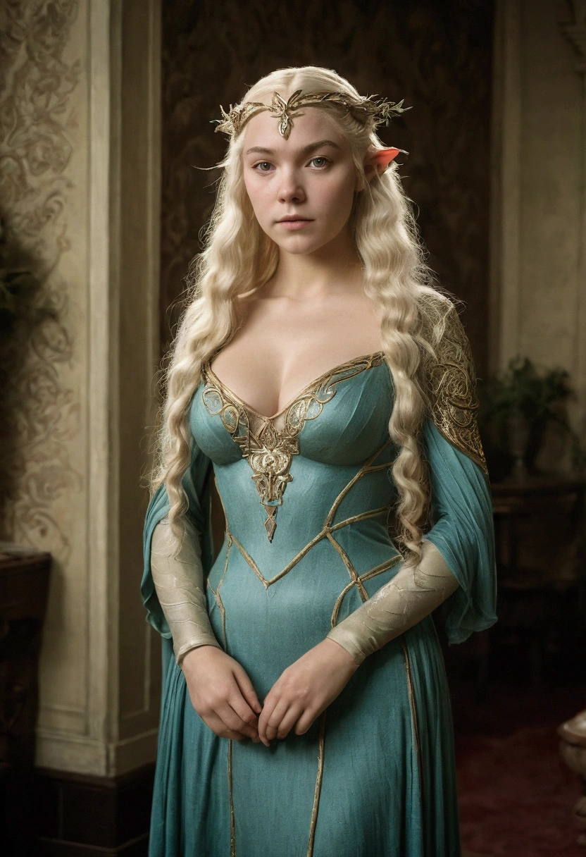 1910s analog film photograph, colorized photo of an elven maiden, 18-years-old, amazonian stature, thick-fit hourglass figure, busty breasts, toned, athletic, wearing a traveling dress, warm almond complexion, pointy elf ears, platinum blonde hair, wild voluminous curls, resembles Margaery Tyrell, standing in a manor drawing room, RAW Photograph, dslr, soft lighting, high quality, film grain, Fujifilm XT3, detailed skin with visible pores, insane details, masterpiece, 8k, 35mm photograph, faded film, desaturated, grainy, vintage, Lomography, stained, highly detailed, found footage, long elven ears