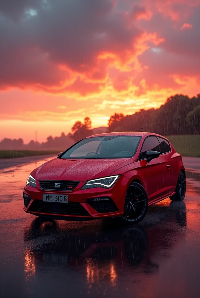 A red Seat Leon with a sunset in the back and rainy wheather 