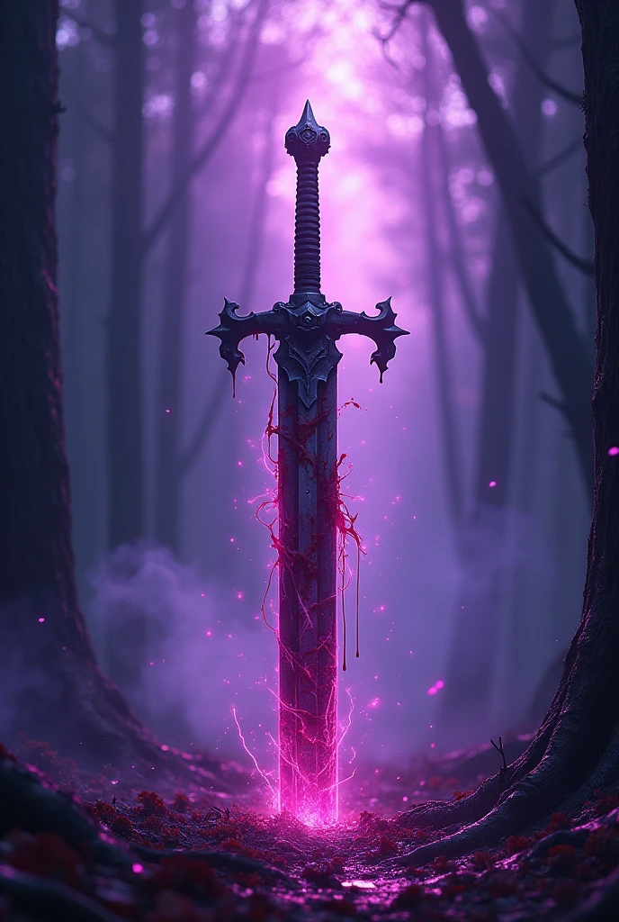 Please generate a poster sized Instagram post. It must have a dual sword in the middle... blood dripping from it. The rest of the poster must be covered with purple magic, like purple dust and make it bright. Write the title: "The Fated Forest"