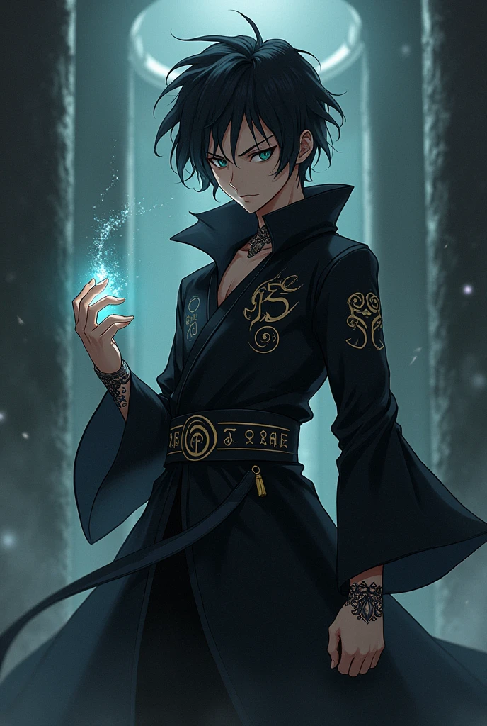 Anime character with Jujutsu Kaisen traits,with black hair and jujutsu clothes 