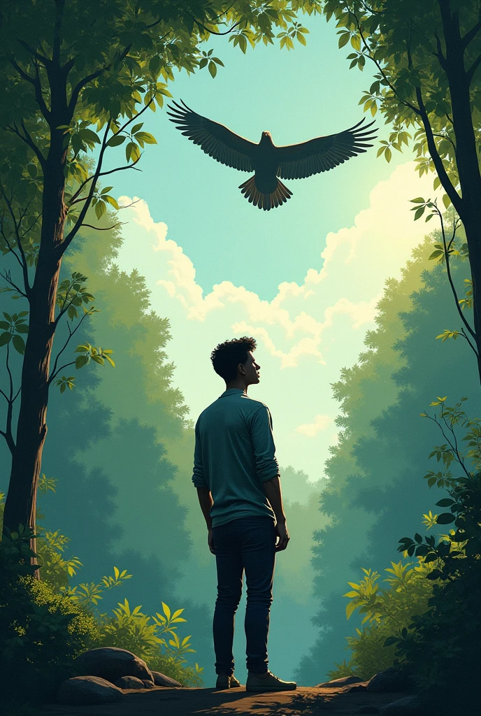 (illustration:1.2), man without face looking to sky and seeing an eagle and a forest and leaves in the background