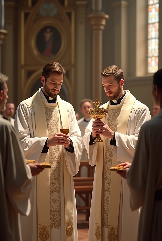 high quality real image of a 2 man, of the branca tunic, distributing the Eucharist (minister of communion)