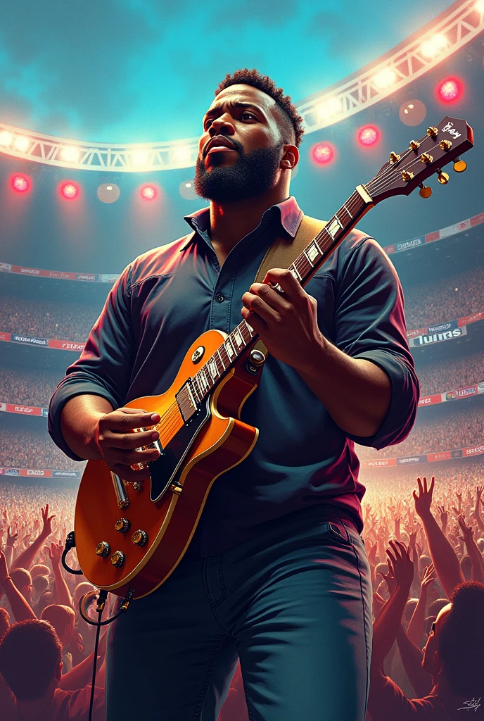 Drawing of a jazz guitarist, black male, fatter, in a football stadium