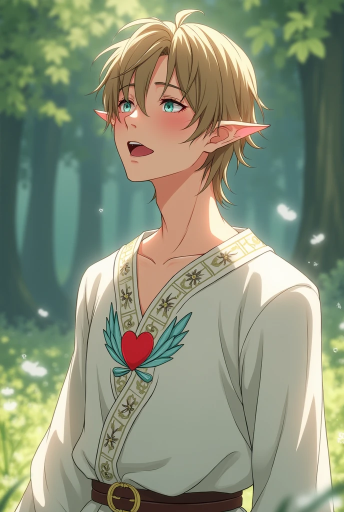 a young half-elf man with delicate, feminine features and shoulder-length light brown hair wearing white medieval attire with a symbol of a light blue feather over a red heart drawn on his clothes at chest height, singing.
anime style