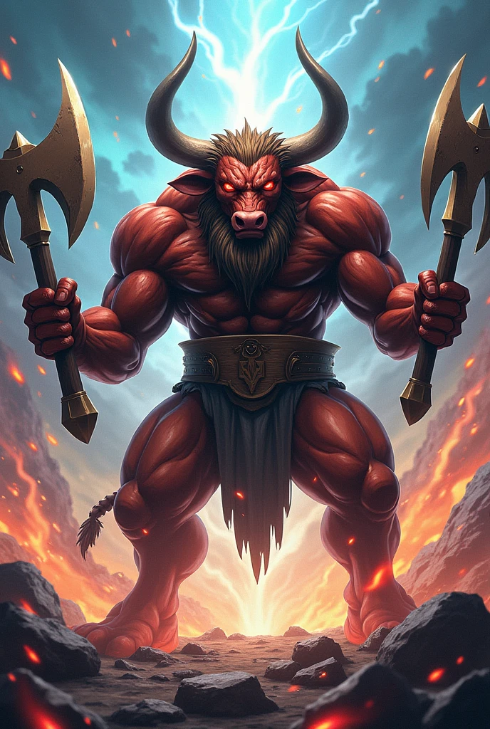 a humanoid bull with axes in hand anime style
