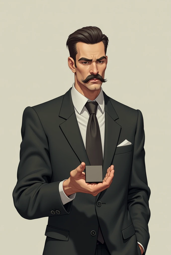 A square-headed man with a visible mustache , straight hair behind the cube in a suit and moving it in his hand looking with a serious look drawing