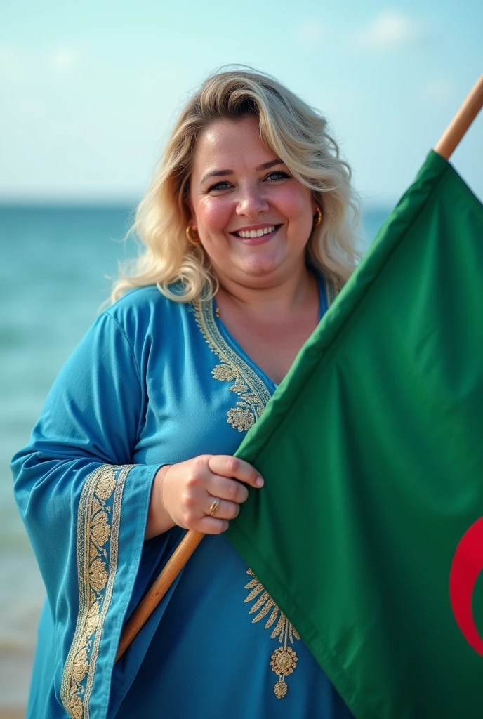 Close up, blonde, plump woman, wearing a blue, gold embroidered abaya, holding the white and green Algerian flag, looking directly at the camera, she is standing on the blue seashore