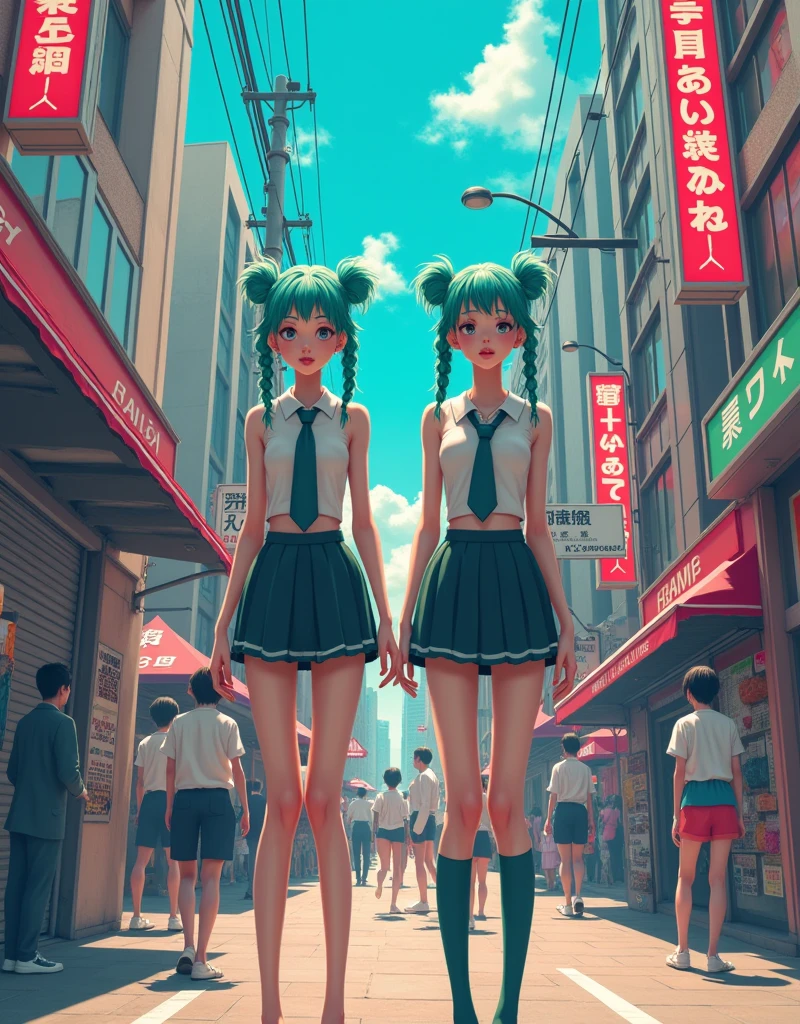 detailed background, colourful, trippy, crowd, mushg4l, trippy, full body shot, front view, (from above:0.9), public , 2womans, skinny, tall, standing_straight, long legs, teal braided bun, (thin:1.3), flat, small_ass, small waist, small chest, youthful Body, slender body shape, fully, (jitome:1.4), serafuku, city, skyscraper, downtown, shoping street, sidewalk, alley
