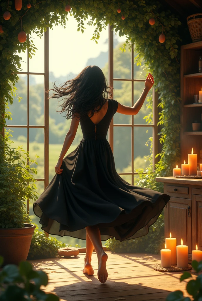 A house and green spaces, Big windows, Sun rays, a landscape, A black haired woman, very long wavy hair, black dress creating candles in a candle workshop, magical, Free, dancing and happy