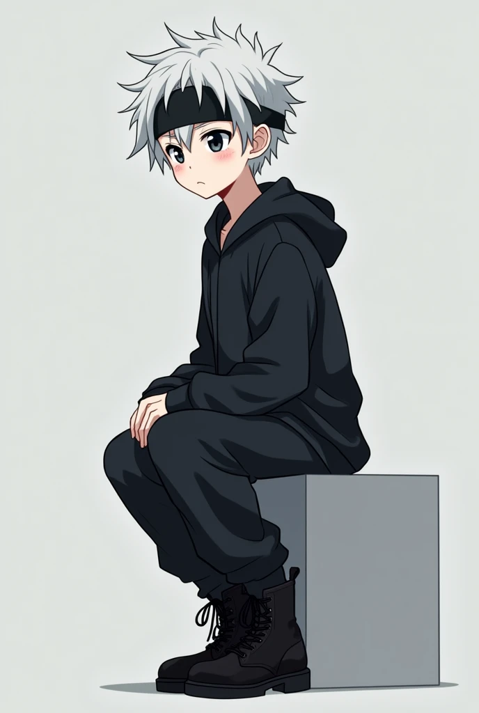 Create an anime-style character as if it were a profile photo with these characteristics:
male gender, 14 years, Pale skin with large dark circles, white hair, medium complexion, not so high, He is wearing loose black pajamas, with a mask on his head.
She wears black boots and her hair is soft and fluffy with slight waves..