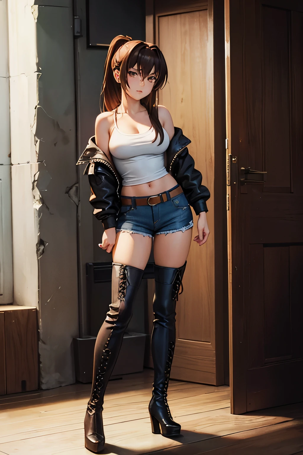 black lagoon, revy, brown hair, ponytail, jeans, shirt, pants, thigh high boots, platform boots, lace up boots, high heels, standing