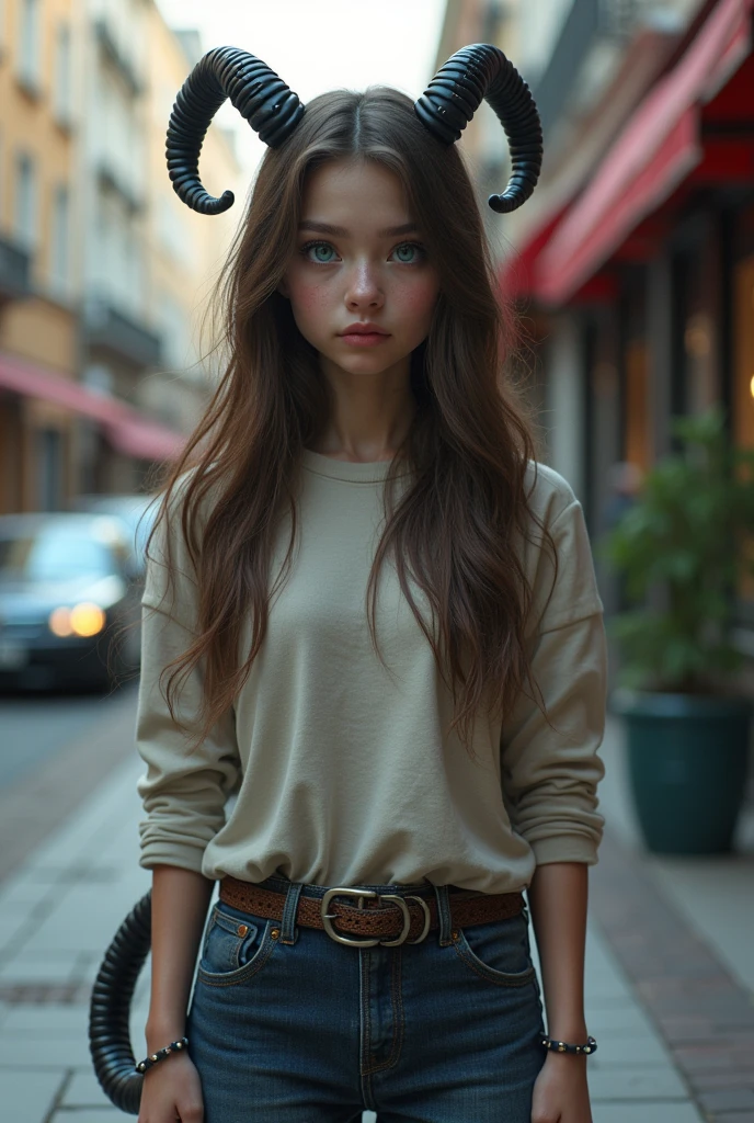 girl , brown hair, the left eye is light blue and the right eye is black, in street clothes, and a scorpion tail and a black horn and another white one
