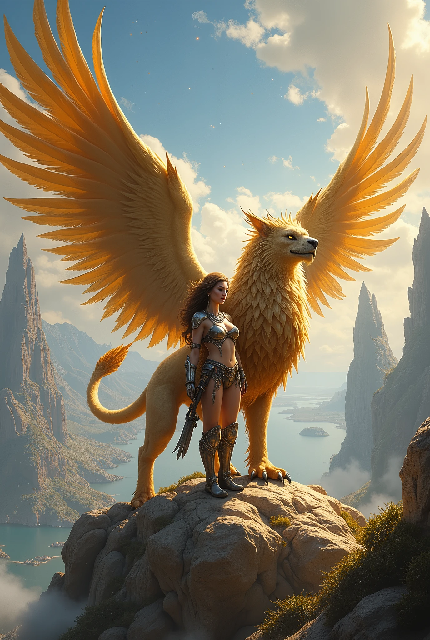 A fantasy scene: A majestic mythical creature, the griffin and her master, a princess with steel  armor.