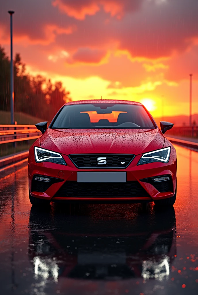 A red Seat Leon mk2 with a sunset in the back and rainy wheather