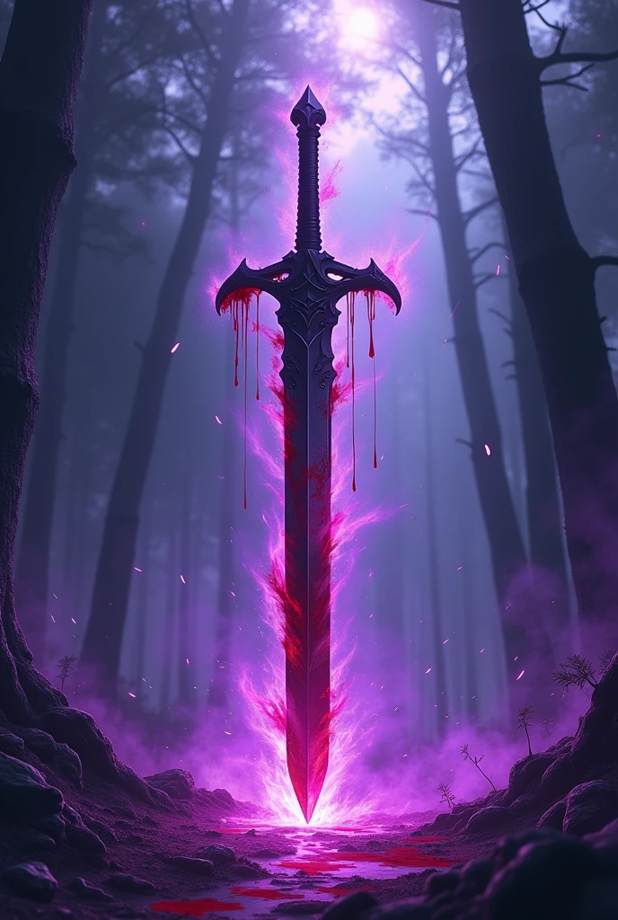 Please generate a poster sized Instagram post. It must have a dual sword in the middle... blood dripping from it. The rest of the poster must be covered with purple magic, like purple dust and make it bright. Write the title: "The Fated Forest"