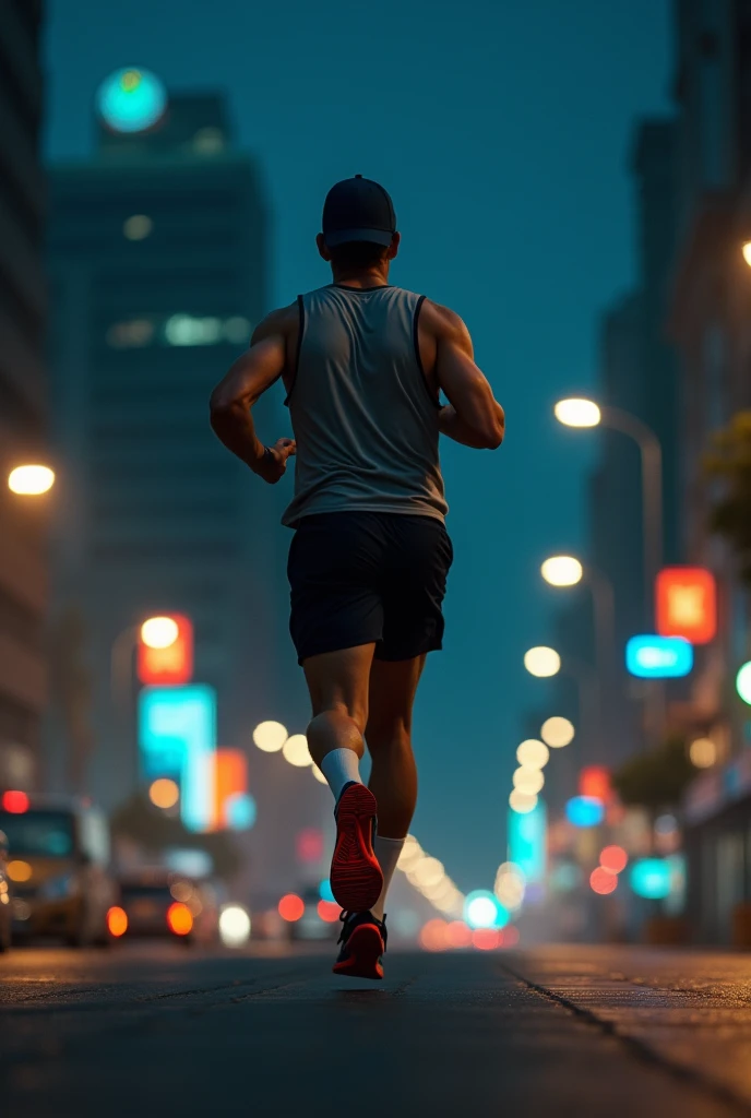 Generate an image of a 3 amateur athlete, in a cap, standing backwards, wearing black and red sneakers and running at night in Belo Horizonte