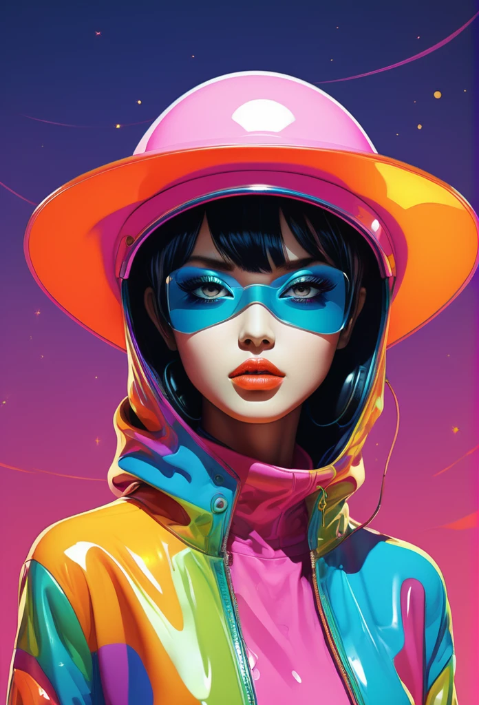 in a funky background portrait of little alien woman, Prominent eyes, funky background, illustration, anime, vector, nft, azuki style, anime style, cowboy shot,digital multi colored, slick bold design, clean, glossy lines, digital illustration, gloss finish, funky aesthetic, impeccable detail, awesome visual impact, endowed with gloss finish, bathed in volumetric lighting, refined by Add_Details_XL-fp16 algorithm, 4D octane rendering, infused with global illumination and precise line art, softened through macros, executed with V-Ray, epitome of visionary art, nuanced by elegant perfectionism and pop art consumerism, infused, aw0k euphoric style --niji 50 --testp --chaos 50Lengua fuera, Ojos rosados, Auriculares, Boina, POV, 