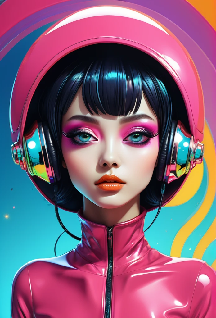 in a funky background portrait of little alien woman, Prominent eyes, funky background, illustration, anime, vector, nft, azuki style, anime style, cowboy shot,digital multi colored, slick bold design, clean, glossy lines, digital illustration, gloss finish, funky aesthetic, impeccable detail, awesome visual impact, endowed with gloss finish, bathed in volumetric lighting, refined by Add_Details_XL-fp16 algorithm, 4D octane rendering, infused with global illumination and precise line art, softened through macros, executed with V-Ray, epitome of visionary art, nuanced by elegant perfectionism and pop art consumerism, infused, aw0k euphoric style --niji 50 --testp --chaos 50Lengua fuera, Ojos rosados, Auriculares, Boina, POV, 