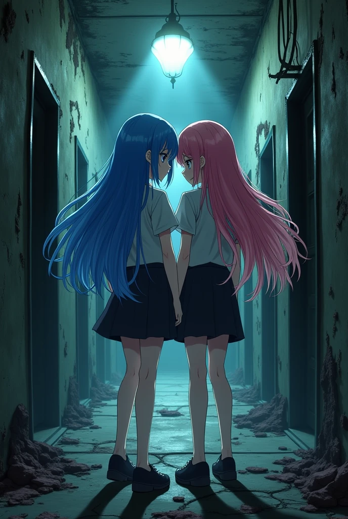 a couple of very skinny heterosexual teenagers, lovers 12 years old, both the same height, a very thin heterosexual teenage boy of 12 years old, with blue and pink hair and bangs and a very thin heterosexual teenage girl of 12 years old , with blue and pink hair with bangs, both the same height, both very thin, slender bodies. The boy and the girl look at each other face to face, hugging and kissing each other on the mouth. They are fully naked, without shirts and with black bracelet on the arm. They are in a narrow hallway and with walls made of pink neon light.